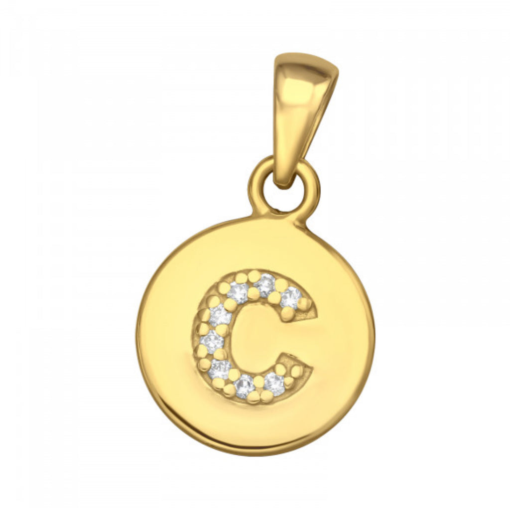 Round Disc White CZ Gold Plated Initial Pendant