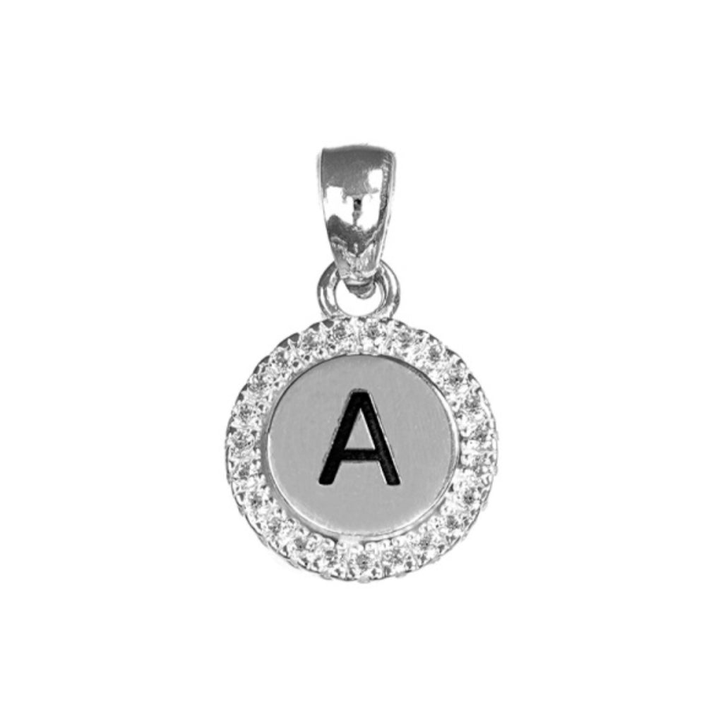 Round White CZ Silver Initial Charm