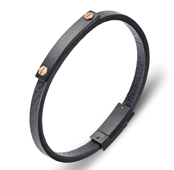 Bracelet - Blaze Stainless Steel Men’s Black Leather with IP Steel and Black ID Plate