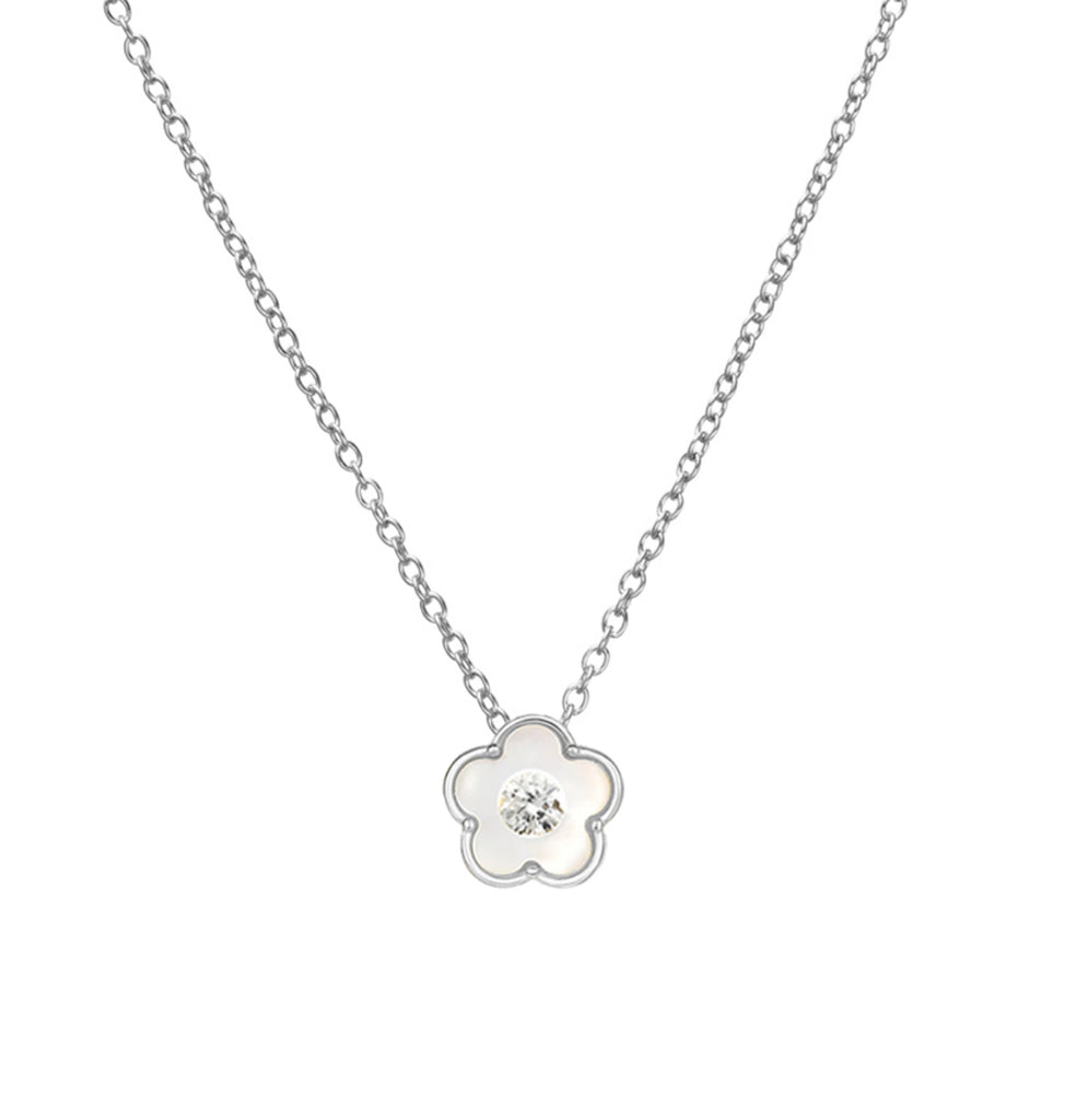 White MOP with Floating CZ Flower Silver Necklace