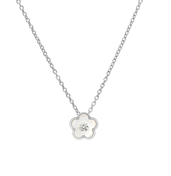 White MOP with Floating CZ Flower Silver Necklace