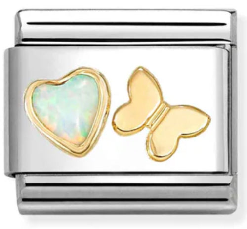 Nature - White Opal Heart with Butterfly Gold Charm