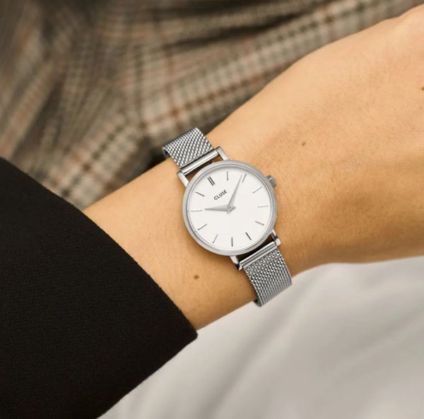 Boho Chic Petite: White/Silver Mesh Watch