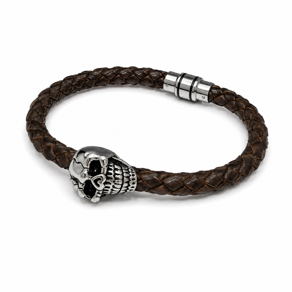 Brown Leather Bangle with Skull