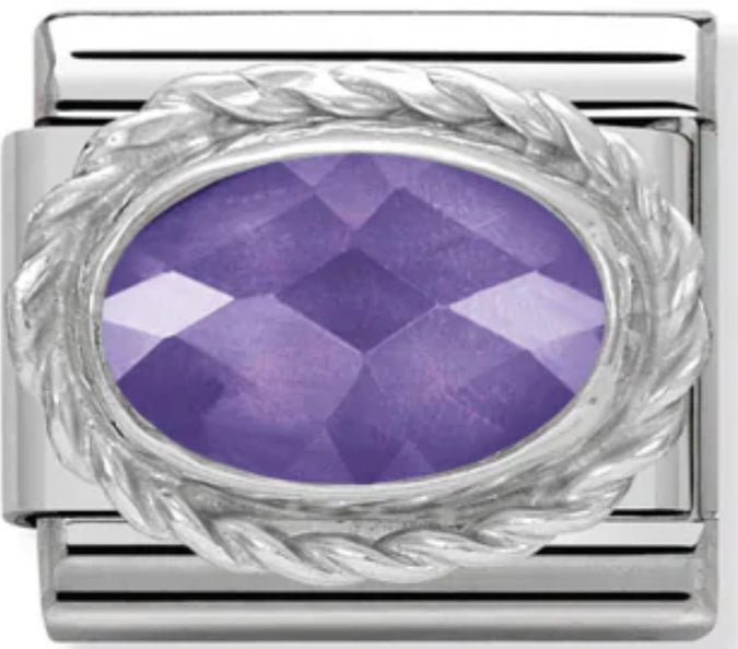 Gemstones - Purple Oval CZ Faceted Twist Silver Charm