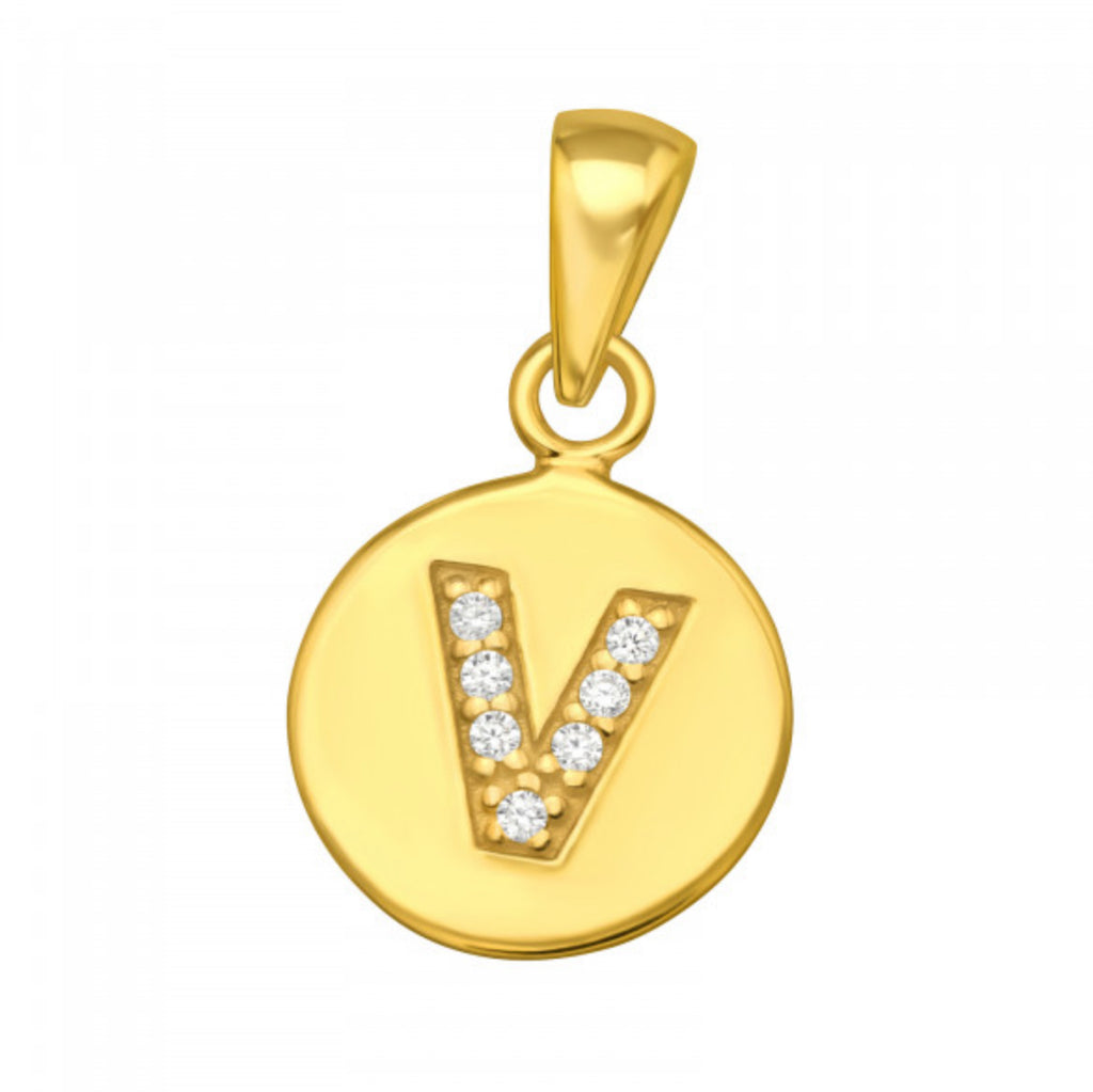 Round Disc White CZ Gold Plated Initial Pendant