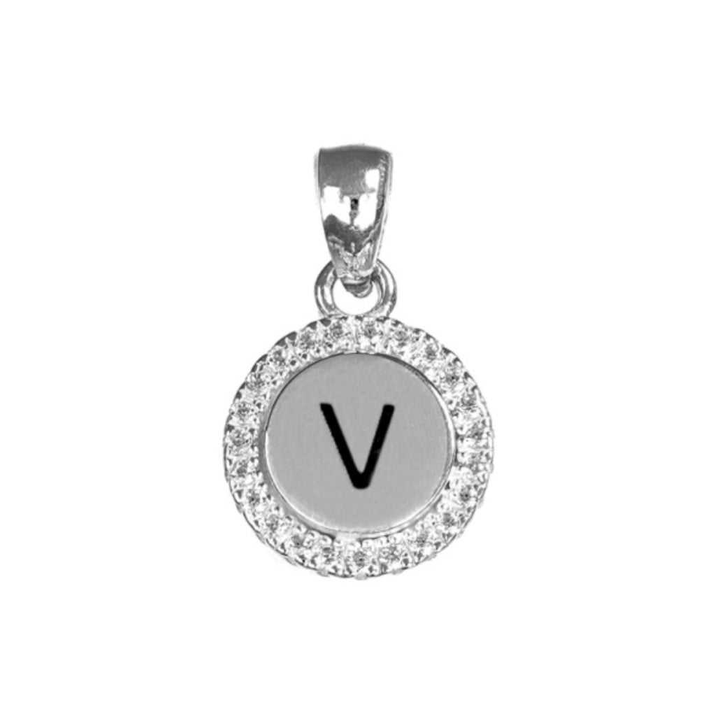 Round White CZ Silver Initial Charm