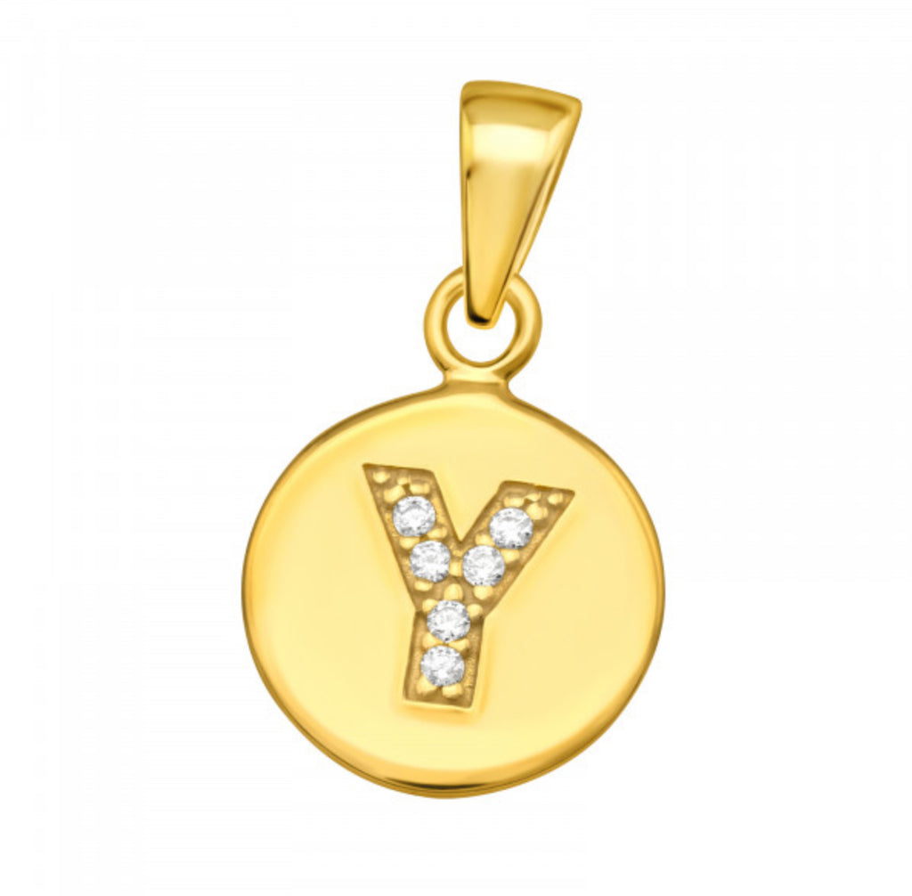 Round Disc White CZ Gold Plated Initial Pendant