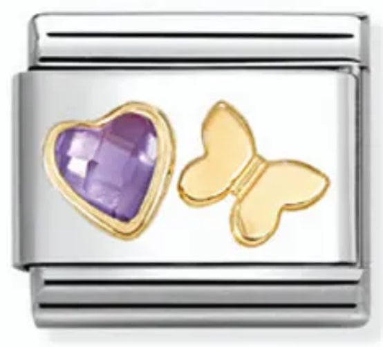 Love - Purple CZ Heart & Butterfly Gold Charm