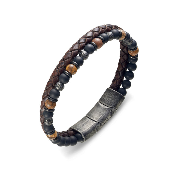 Bracelet - Blaze Matte Black Agate & Stone Bracelet with Antique Brown Leather