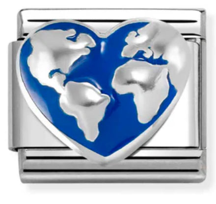 Symbol - World Map Heart with Blue Enamel Silver Charm