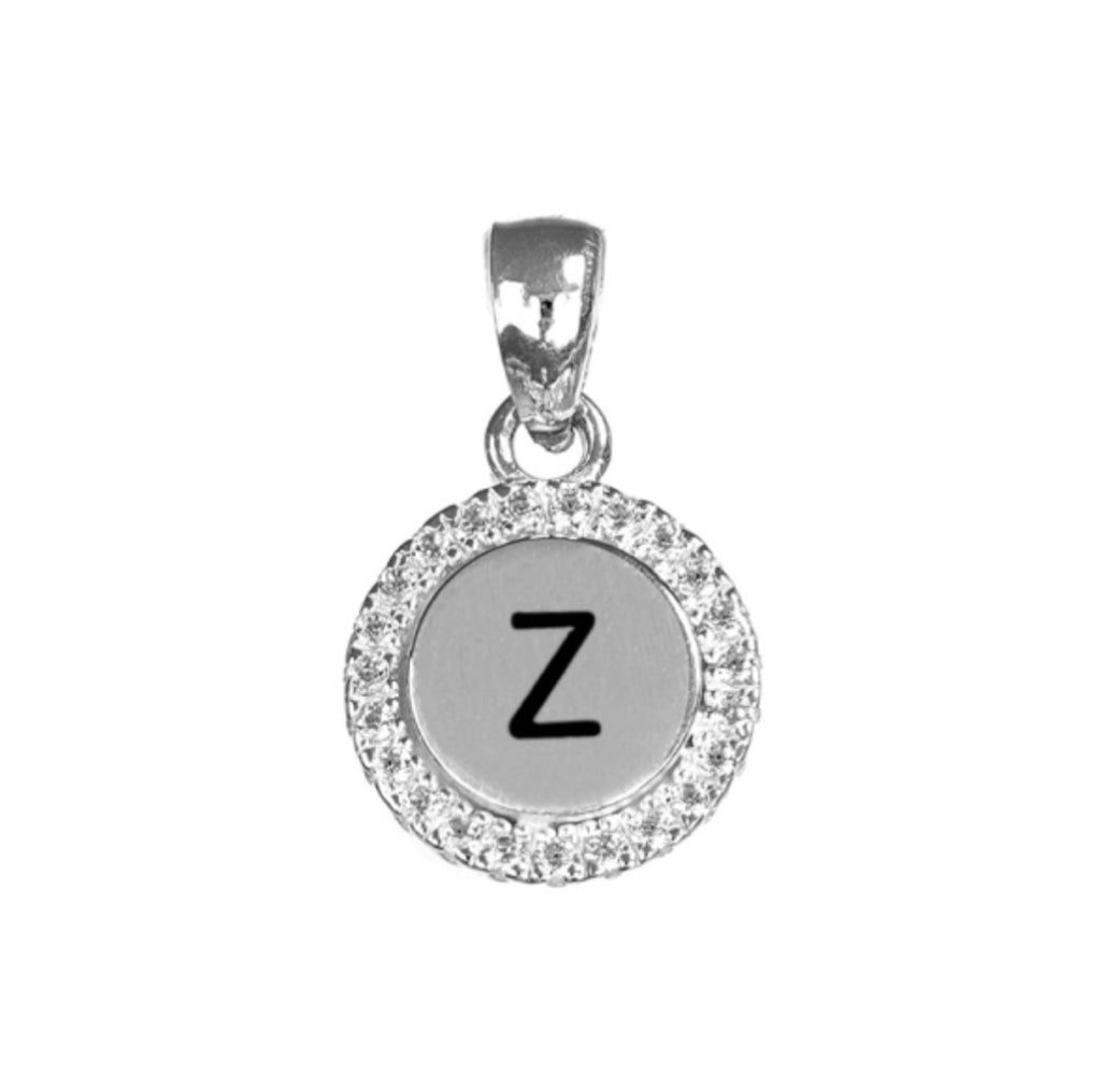 Round White CZ Silver Initial Charm