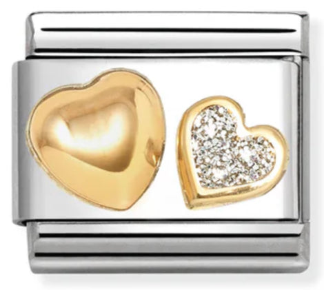 Love - Raised Heart & Silver Glitter Heart Gold Charm