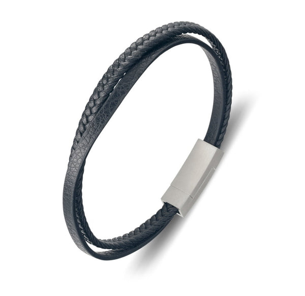 Bracelet - Blaze Stainless Steel Men’s Black Leather Double Strand with Matte Steel Clasp