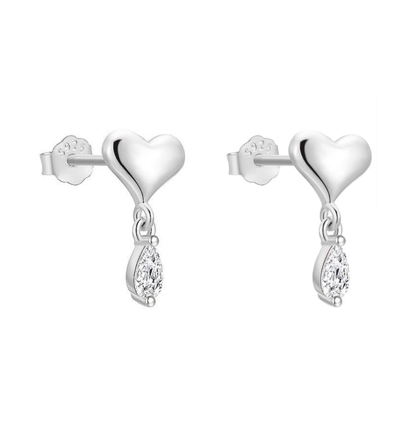 Heart Studs with Teardrop CZ Drop Earrings