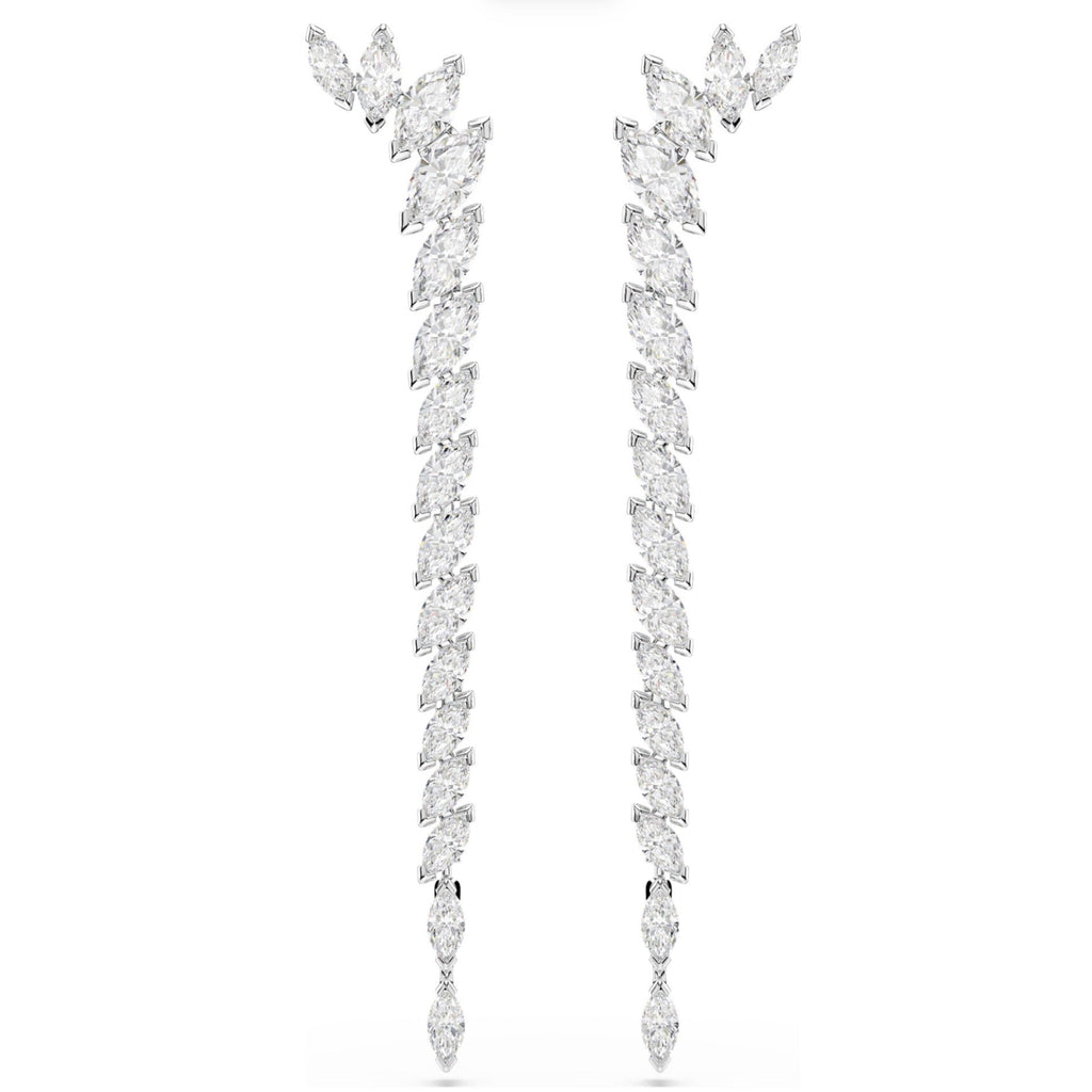 Mesmera: White Marquise Cut Crystal Long Silver Earrings