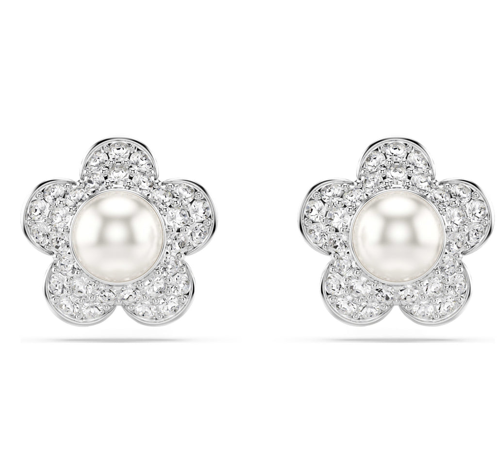2026 Capsule Ariana Grande: Flower Round Cut Pearl White Crystals Silver Stud Earrings