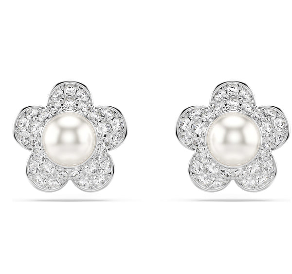 2026 Capsule Ariana Grande: Flower Round Cut Pearl White Crystals Silver Stud Earrings