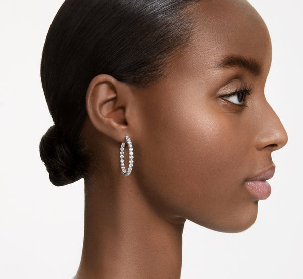 Matrix: White Round Cut Crystals Silver Hoop Earrings