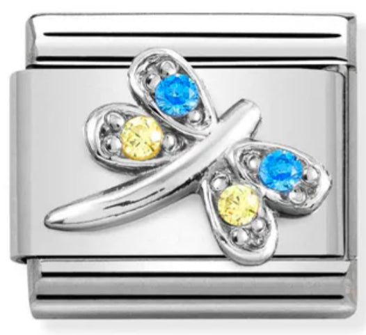 Animals - Blue & Yellow Dragonfly CZ Silver Charm
