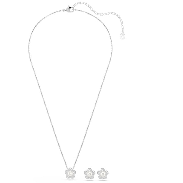 2026 Capsule Ariana Grande: Flower Crystal Pearl & White Round Cut Crystals Silver Necklace & Earring Set