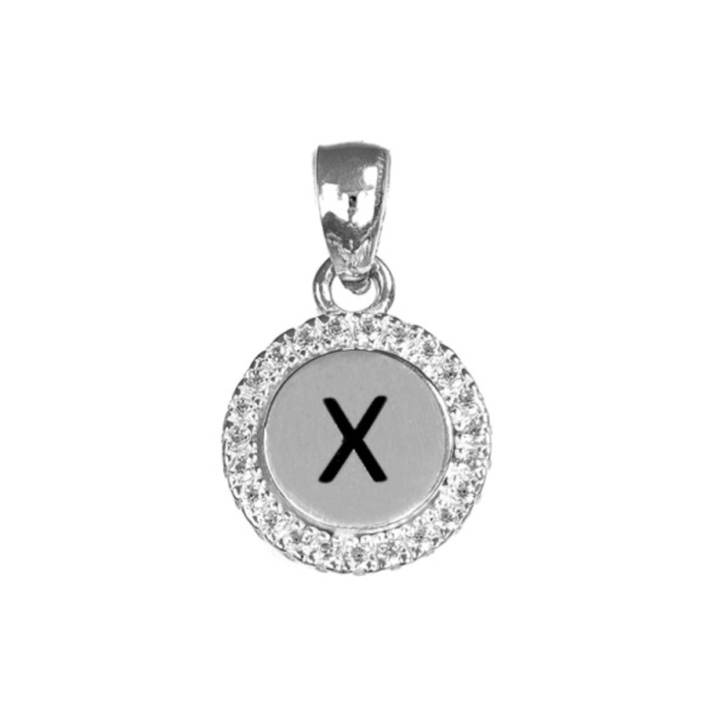 Round White CZ Silver Initial Charm