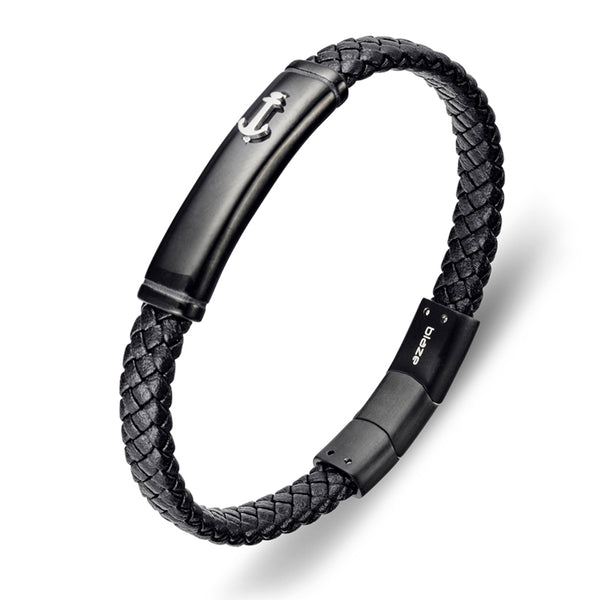 Bracelet - Blaze Stainless Steel 8mm Men’s Black Leather with Anchor Design