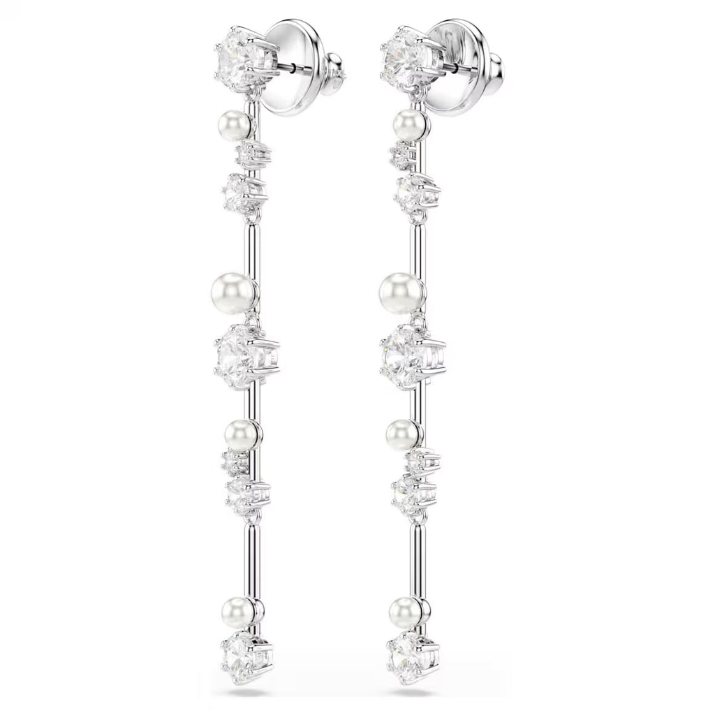 Constella: Pearl & White Round Cuts Silver Drop Earrings