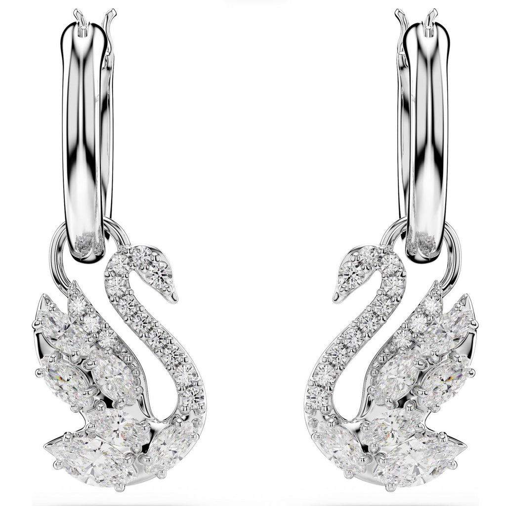 Swan: White Mixed Cut Crystals Swan Silver Hoop Drop Earrings