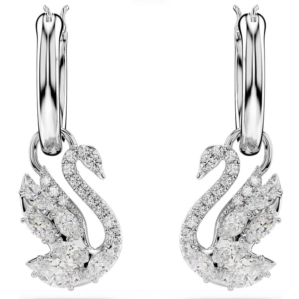 Swan: White Mixed Cut Crystals Swan Silver Hoop Drop Earrings