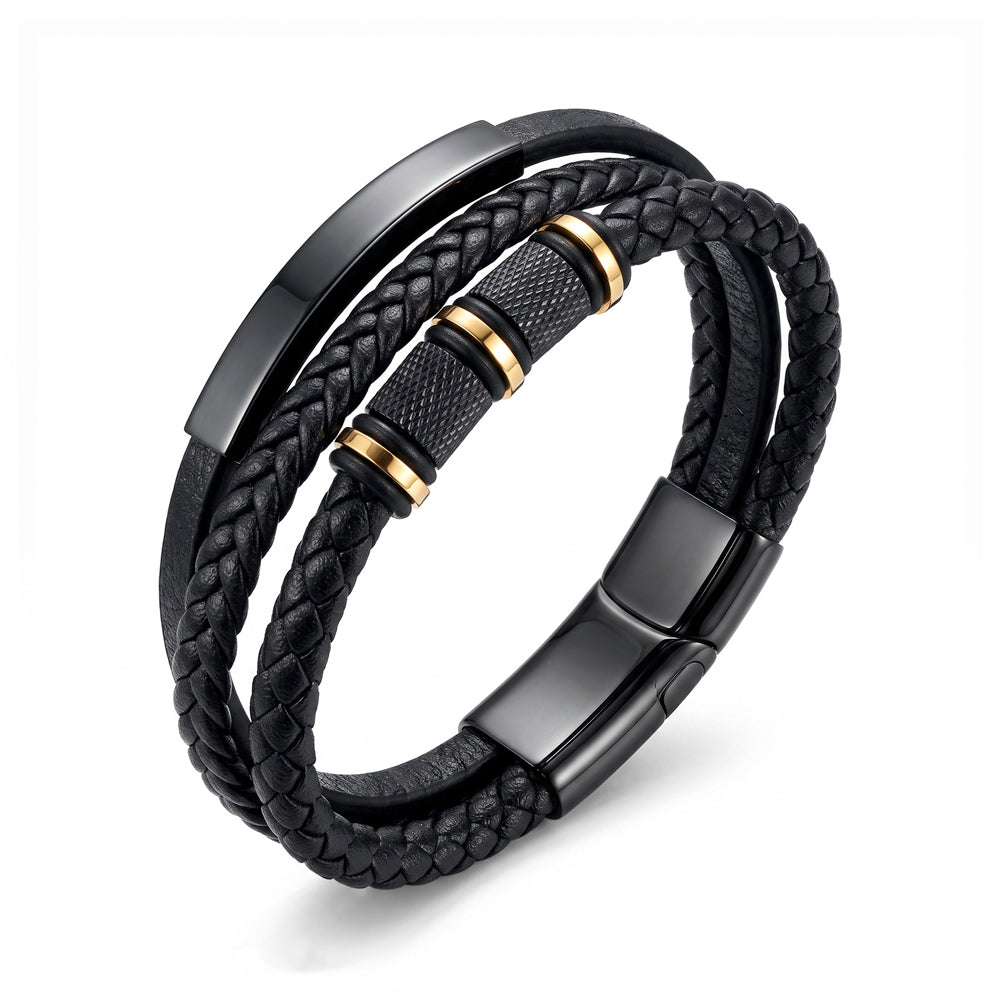 Blaze Men’s Leather Multi-Strand Bangle with Gold Beads and Shiny Black Clasp