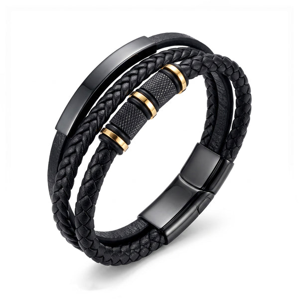Blaze Men’s Leather Multi-Strand Bangle with Gold Beads and Shiny Black Clasp
