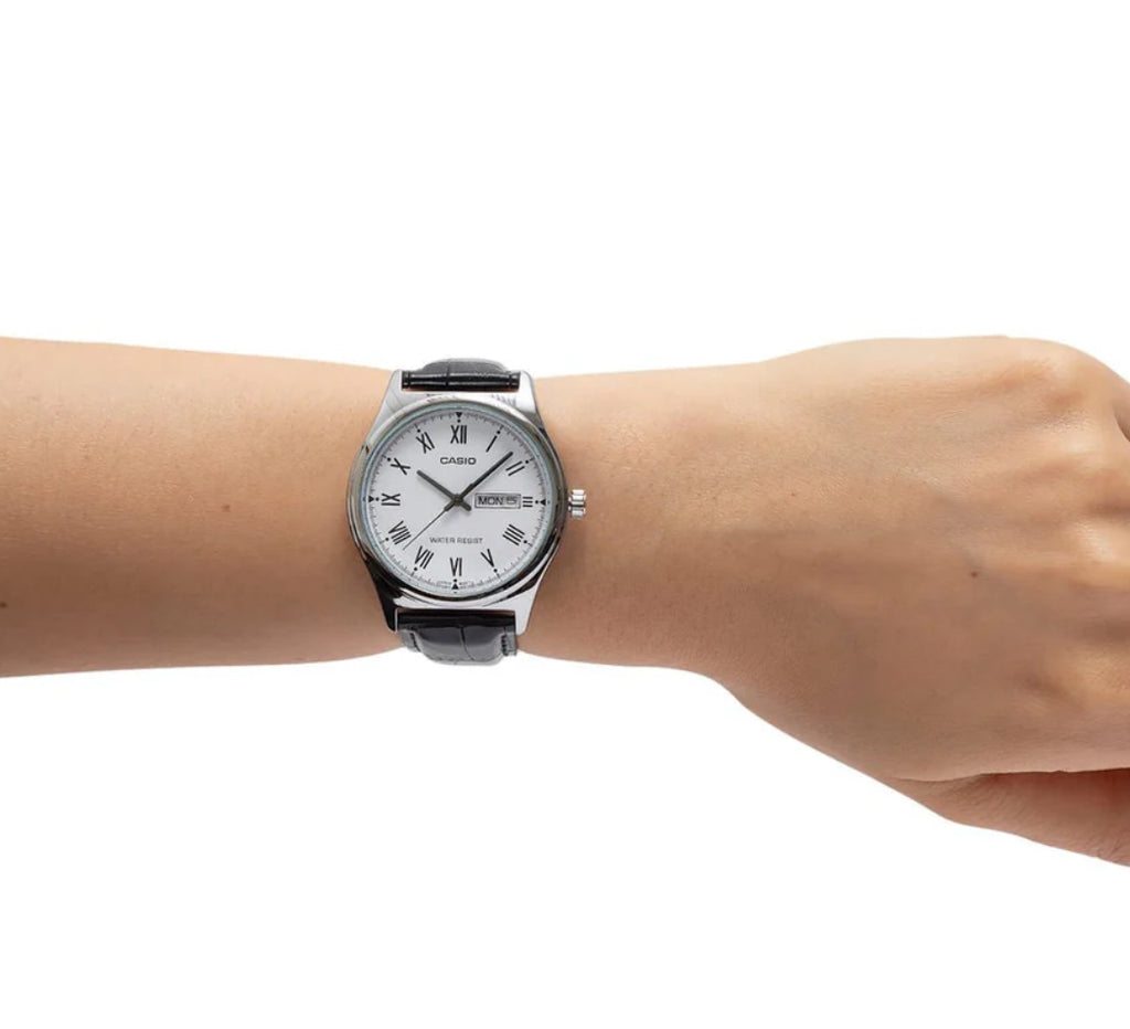 Casio Analogue White Face Day + Date, Black Leather Band Watch