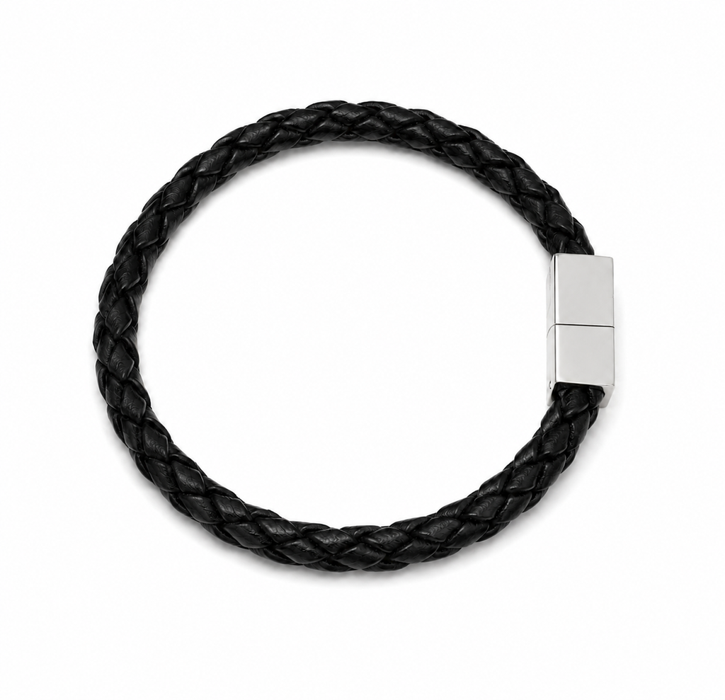 Black Leather Bangle with Rectangular Magnet Clasp