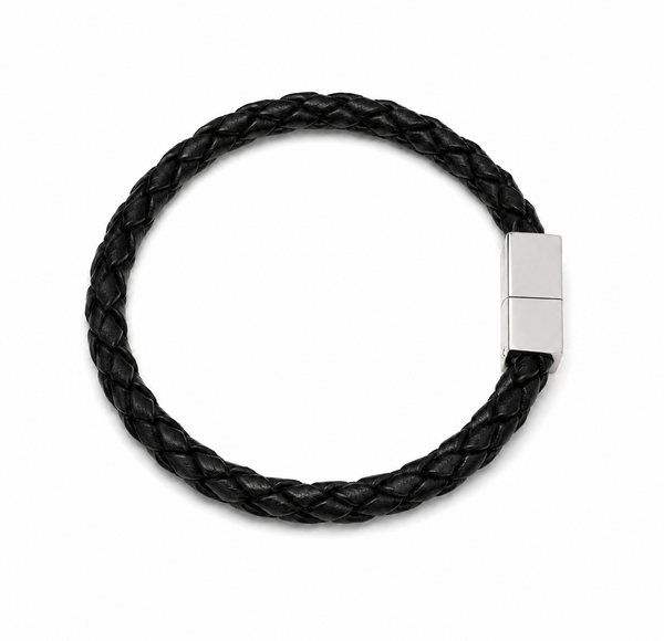 Black Leather Bangle with Rectangular Magnet Clasp