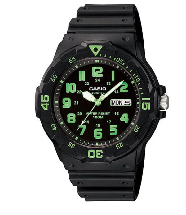 Casio Analogue Diver Look Green Day + Date, Black Resin Band Watch