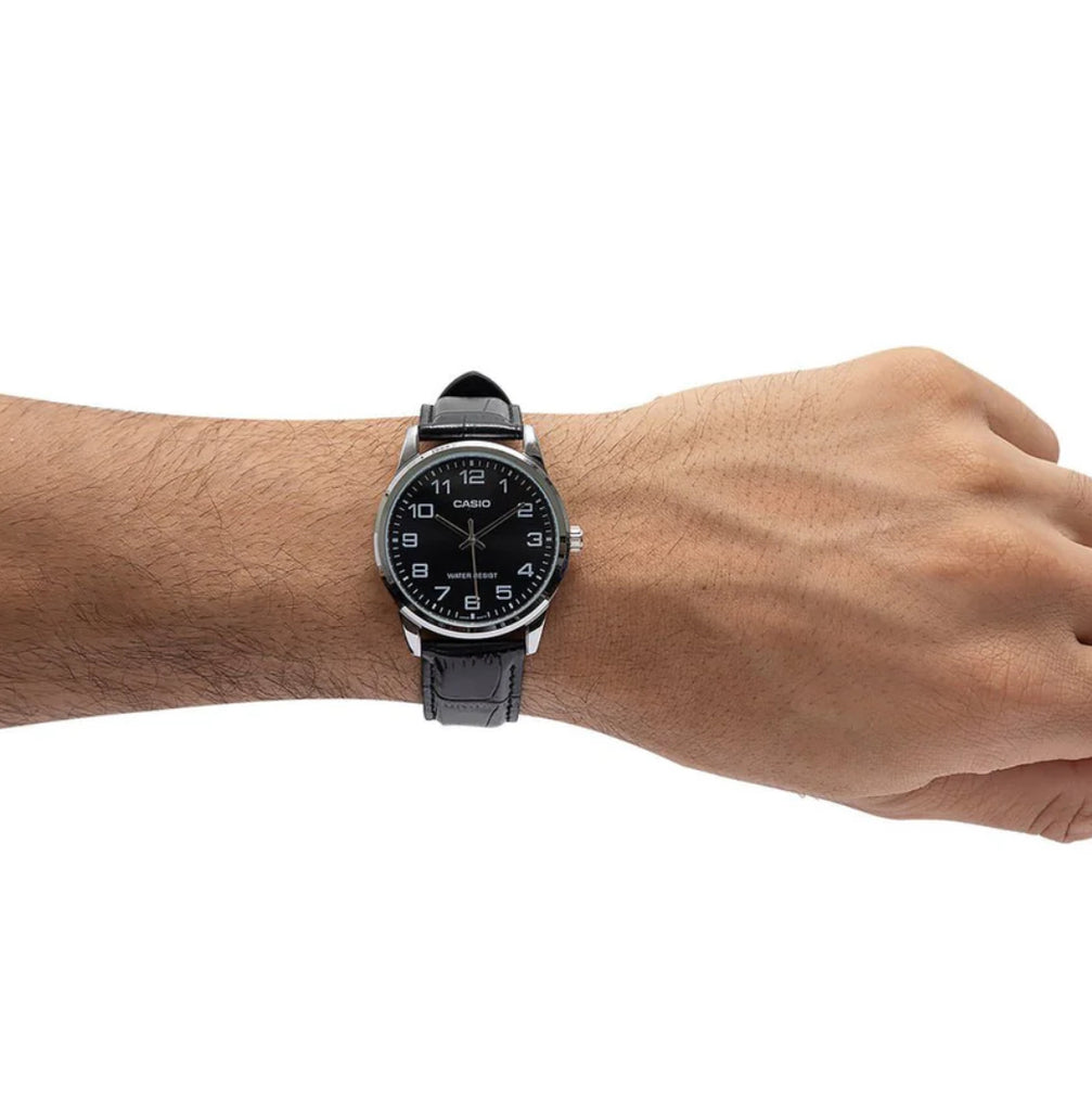 Casio Analogue Black Face, Black Leather Band Watch