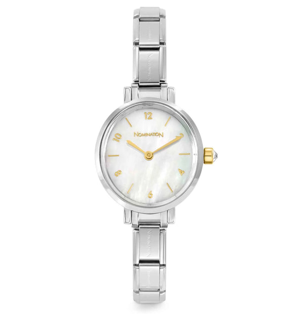 Paris: White Mother of Pearl with CZ and Gold Details Oval Silver Watch