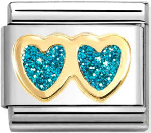 Love - Glitter Double Turquoise Heart Gold Charm
