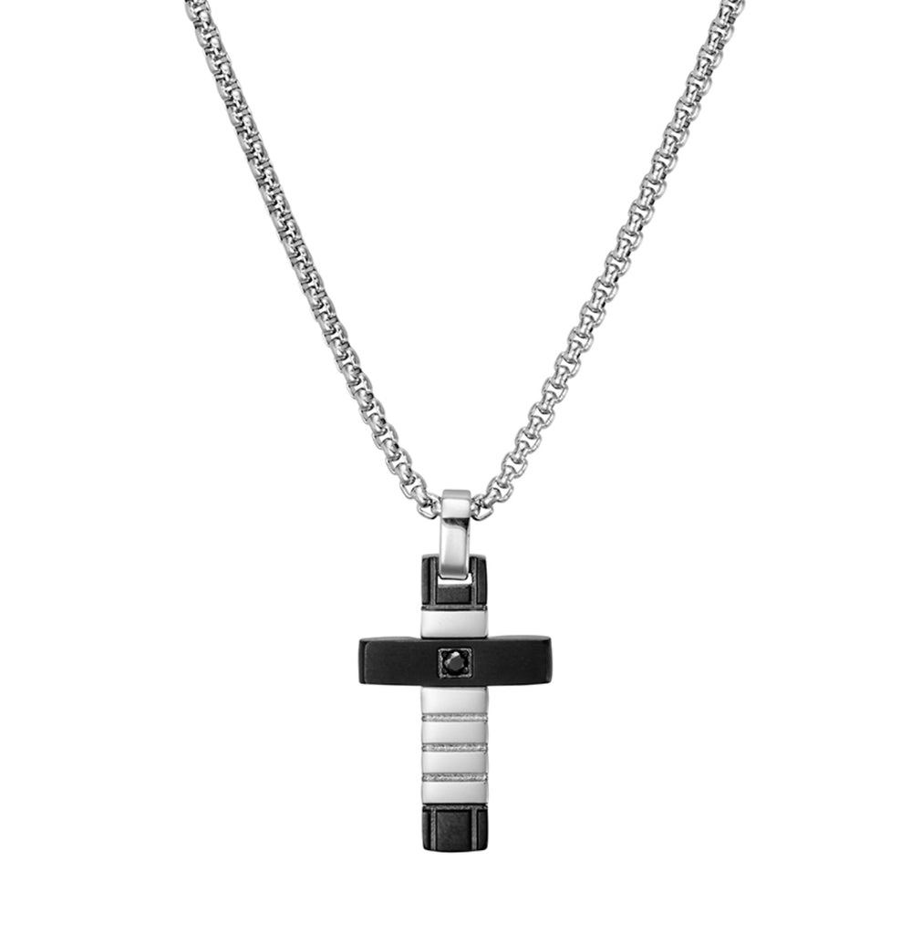 Necklace - Blaze Men’s Shiny Stainless Steel and Matte Black Cross Pendant Necklace