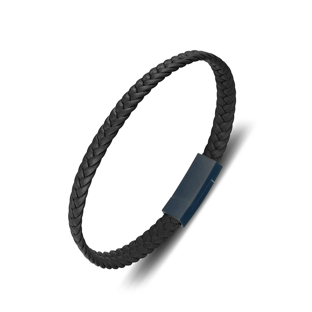 Bracelet - Blaze Stainless Steel Men’s Black Leather - 2 Sizes