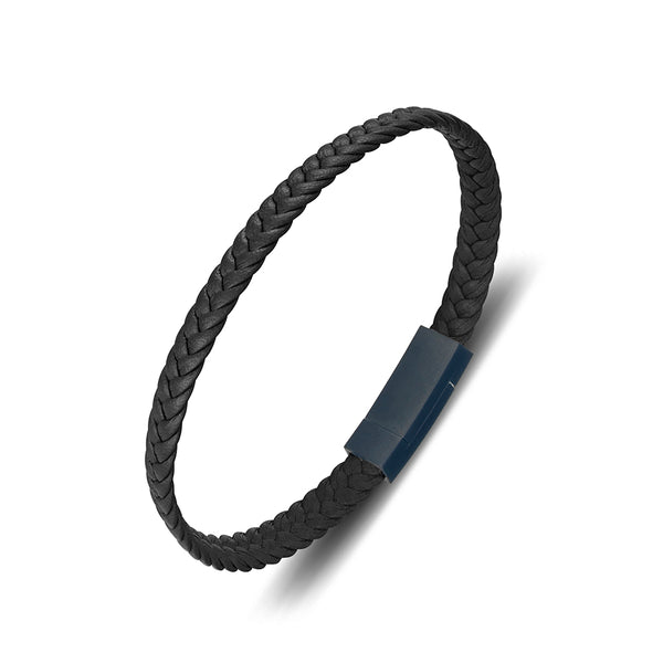 Bracelet - Blaze Stainless Steel Men’s Black Leather - 2 Sizes