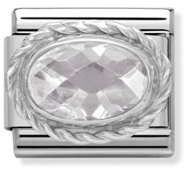 Gemstones - White Oval CZ Faceted Twist Silver Charm