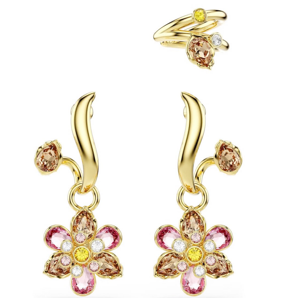 Idyllia: Multicoloured Flower Mixed Cuts Gold Set 3 Earrings