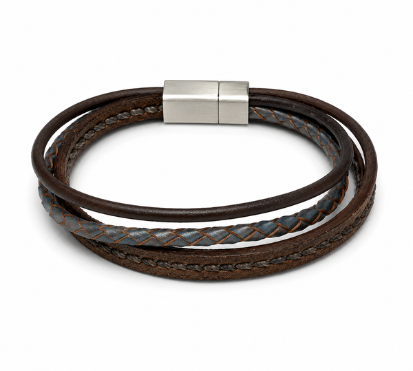Multi Strand Brown Leather Bracelet with Magnet Clasp