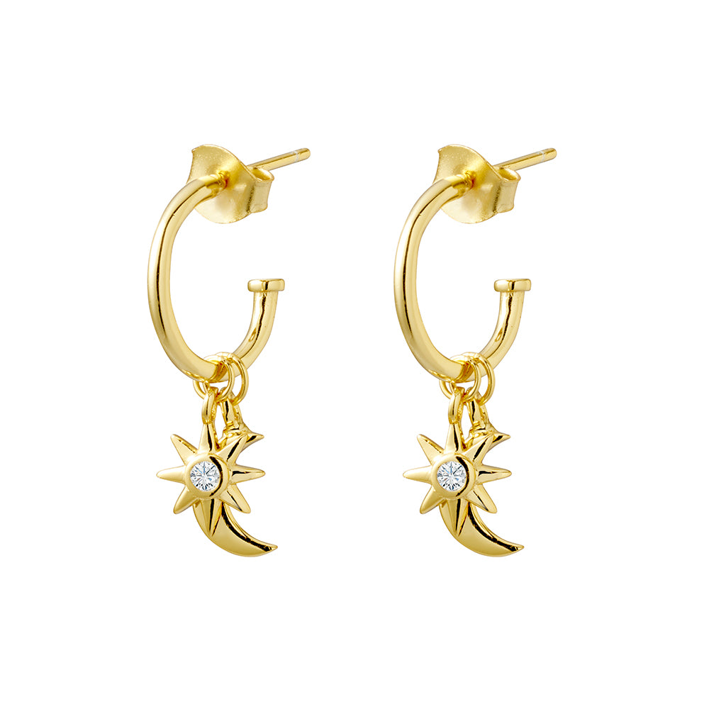 Half hoop earrings with moon and CZ star charm