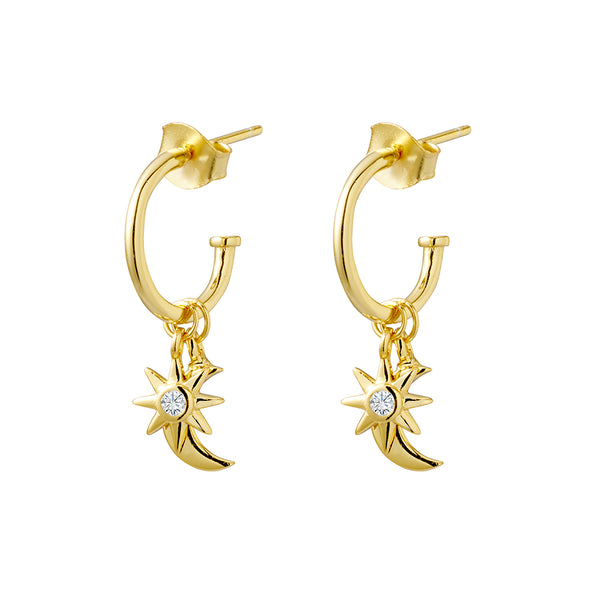 Half hoop earrings with moon and CZ star charm