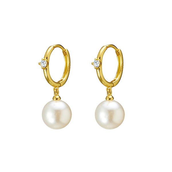 Earring -  Drop Pearl w/ single CZ  Huggie