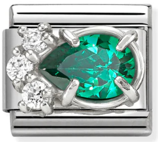 Gemstones - Raised White & Green CZ Teardrop Silver Charm