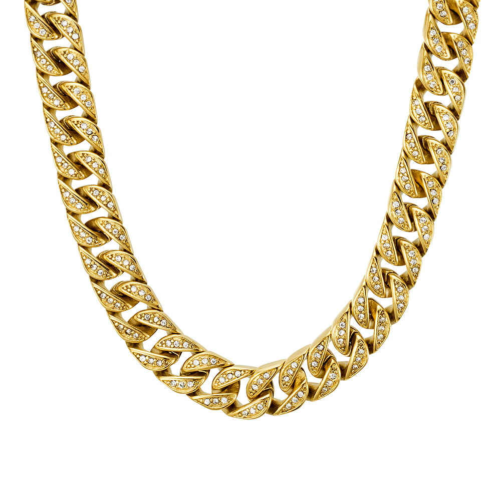 Men Necklace- Stainless Steel Cuban Link CZs Set Chain